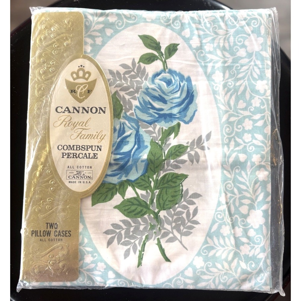 Vtg Set of 2 Cannon Standard Pillowcases Blue Embassy Rose Cotton Royal Family